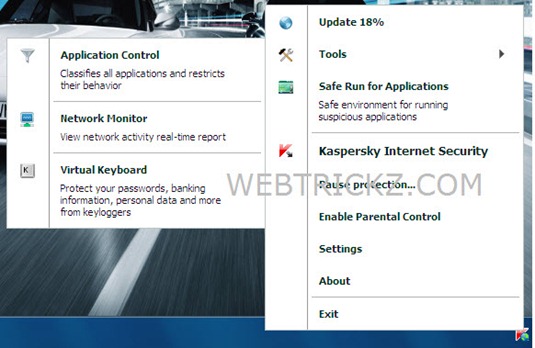 KIS 2011 taskbar menu