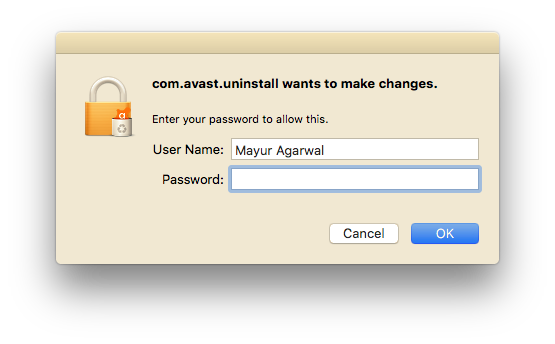 enter administrator user name and password to remove avast on mac
