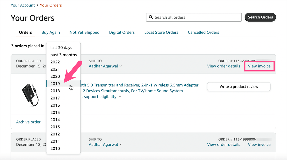 how to download invoice from Amazon desktop website