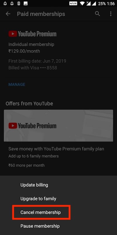 cancel youtube premium membership on android