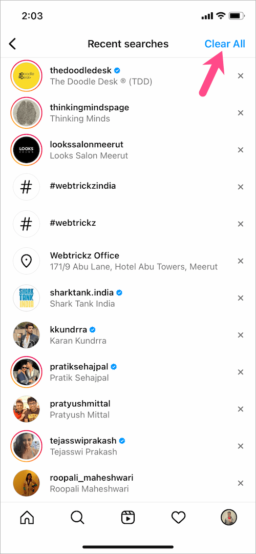 clear search history on instagram