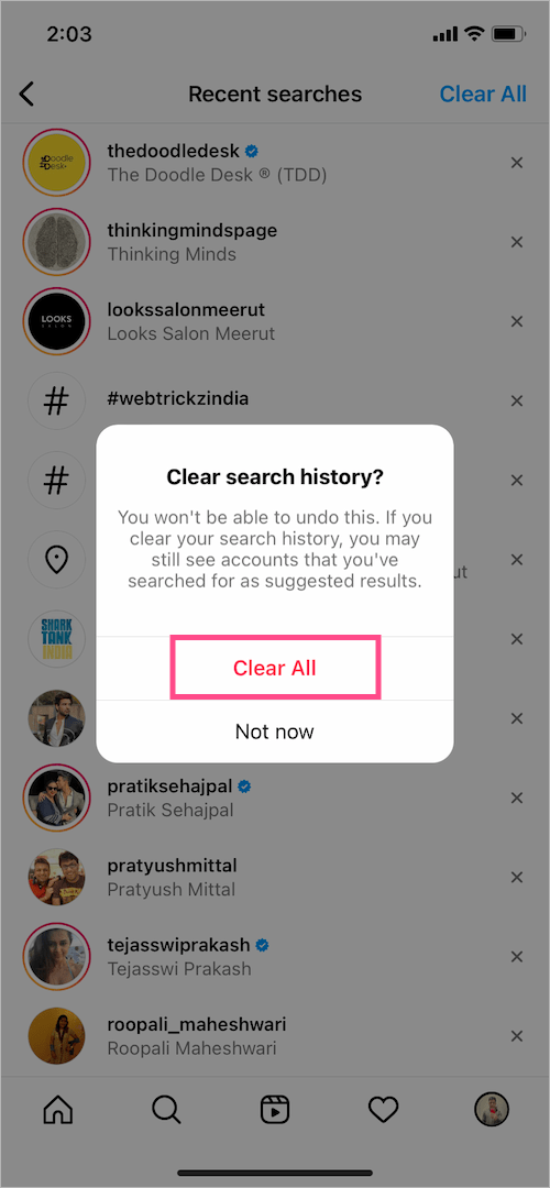 delete search history in instagram on iphone
