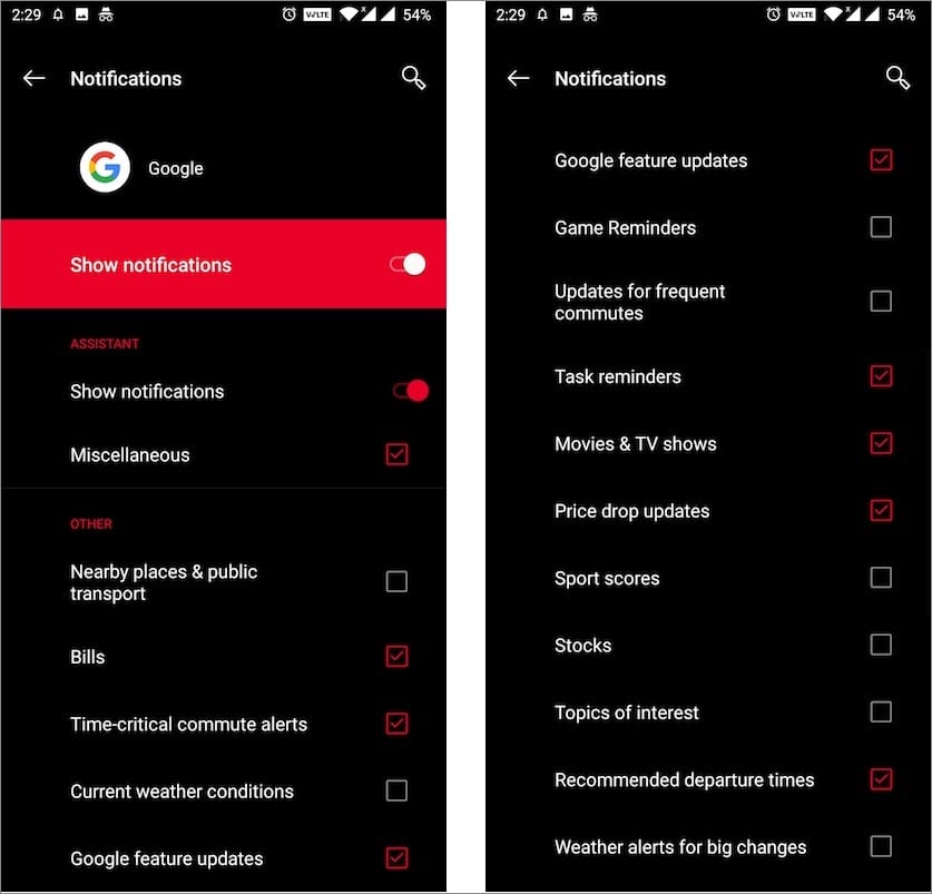 customise google app notifications