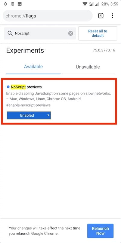 noscript previews flag in chrome