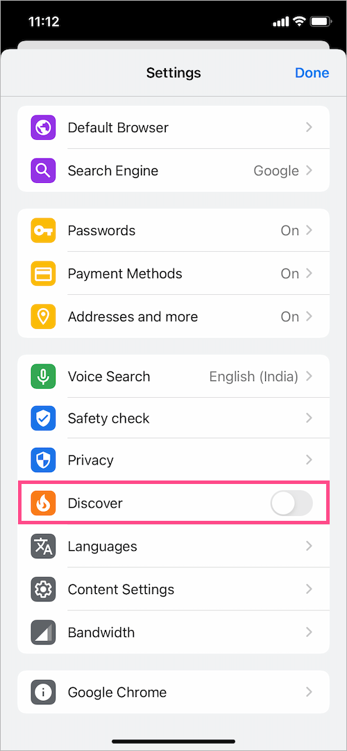 how to turn off discover in chrome on iphone and ipad