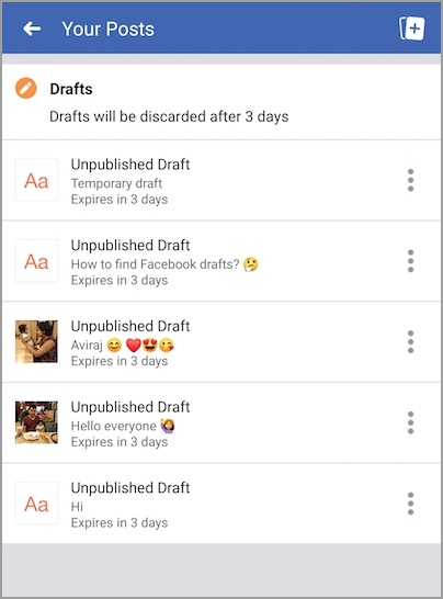 find drafts on facebook