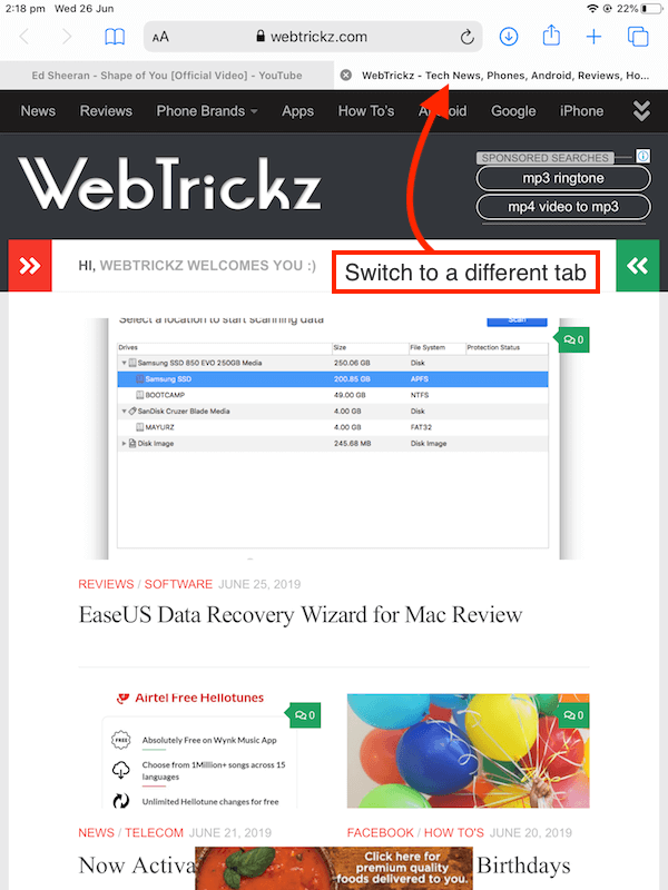 switch to different tab in safari