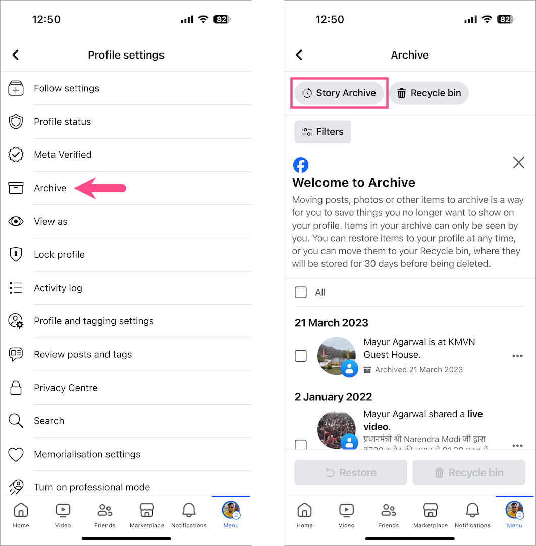 view archived stories on facebook app