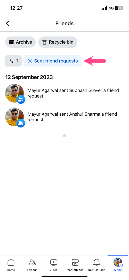 see sent friend requests on the Facebook app