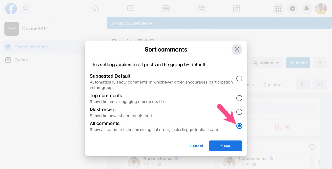 show all comments by default on a facebook group