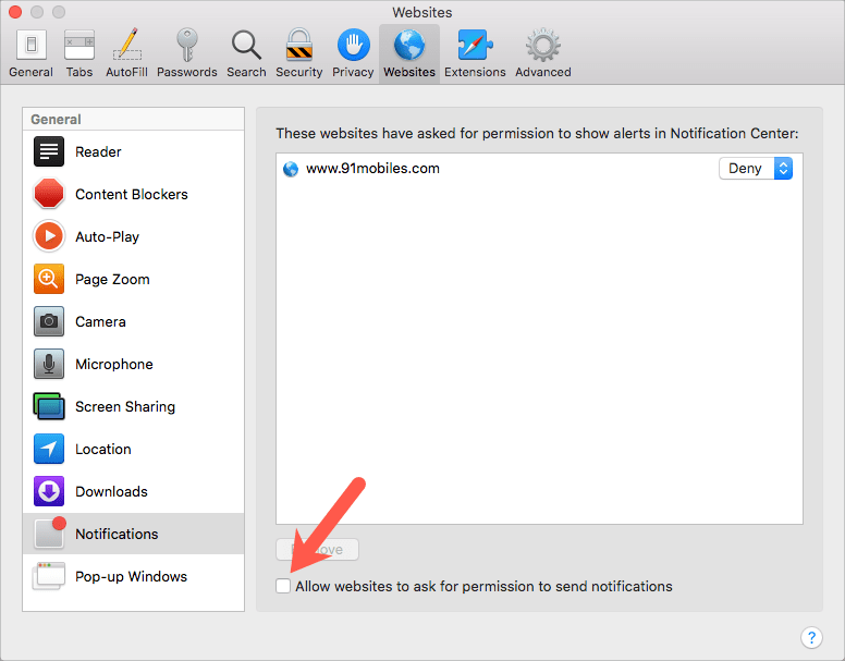 block notifications popups in safari
