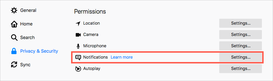 notifications setting in firefox