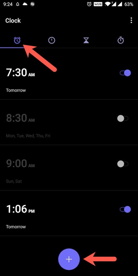 set alarm in oneplus