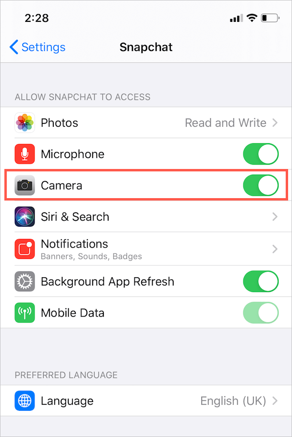 enable camera access for snapchat in ios 13