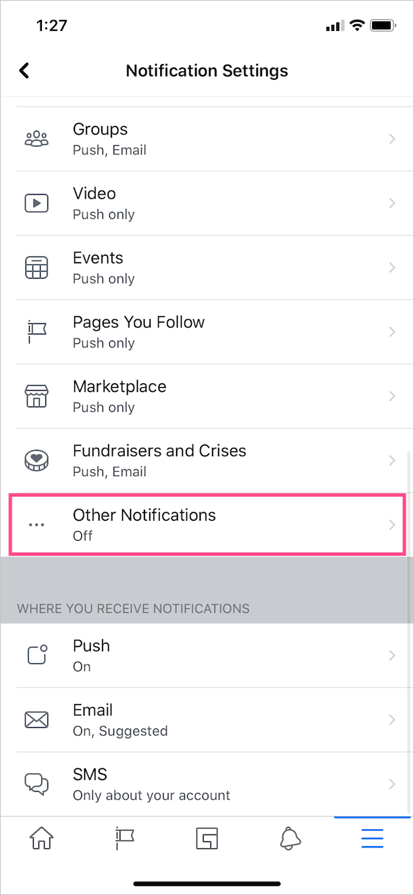 change game notifications setting on facebook app