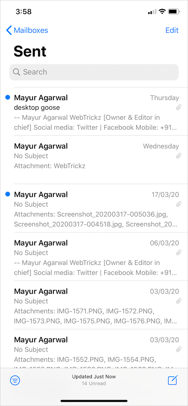 blue dot next to sent email on iphone