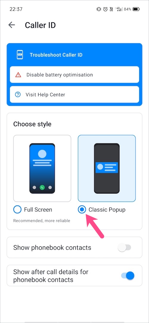 turn off Truecaller full screen caller ID