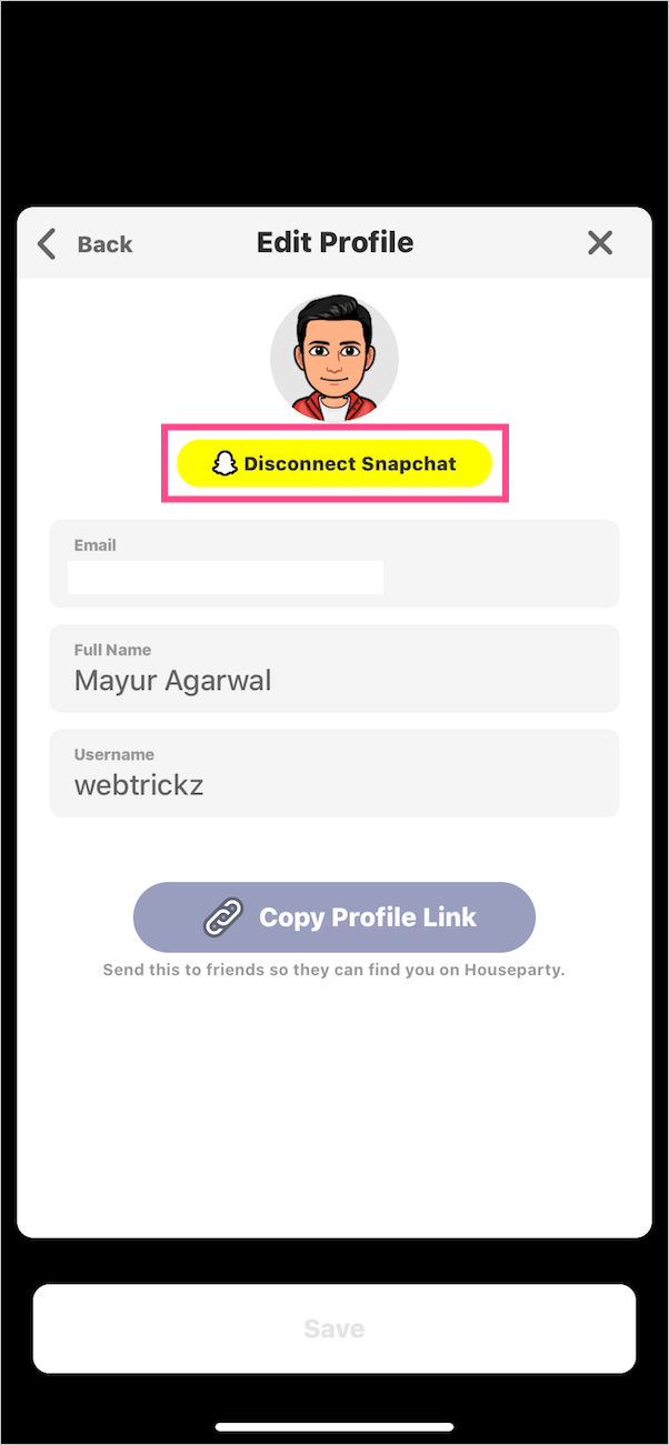 disconnect snapchat from houseparty app