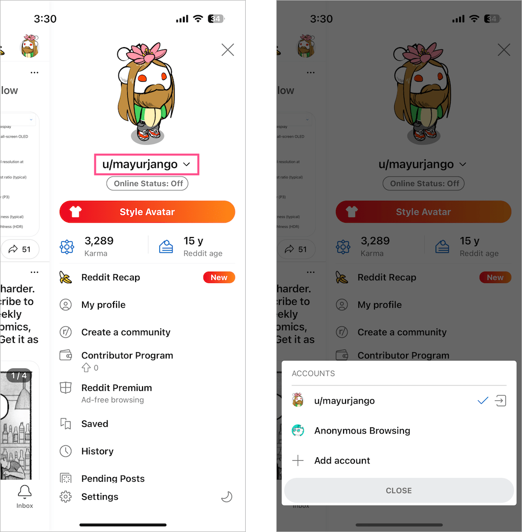 logging out of the reddit app