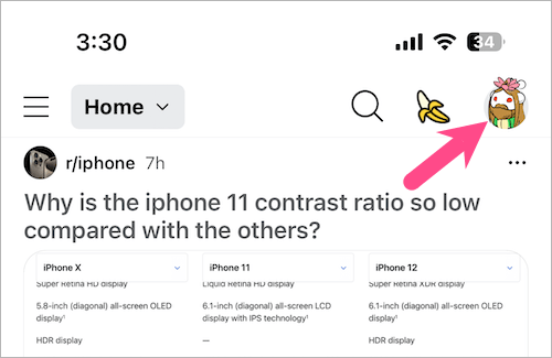 open reddit profile menu