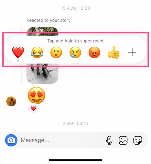 super react to story reaction on instagram