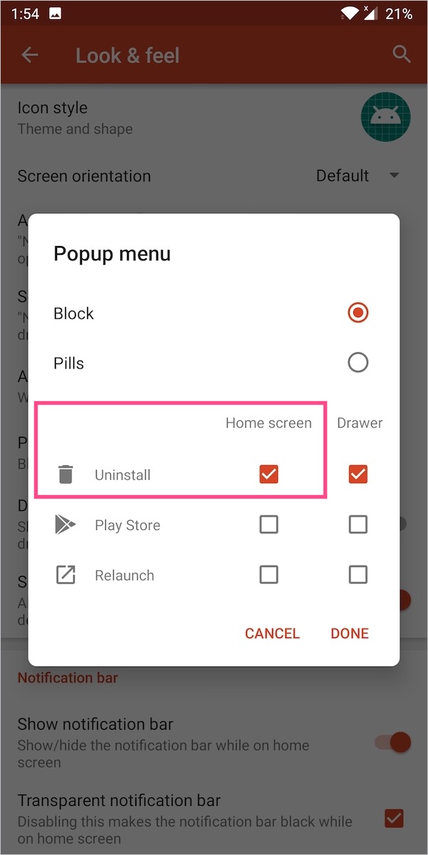 add uninstall option to home screen apps in nova launcher