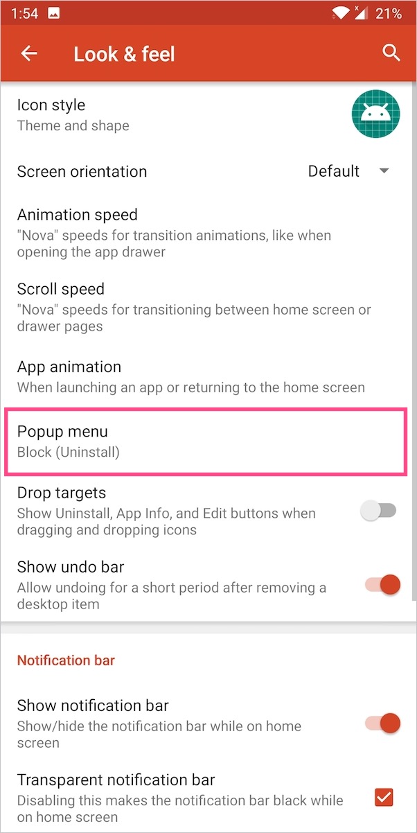 customize popup menu in nova launcher app