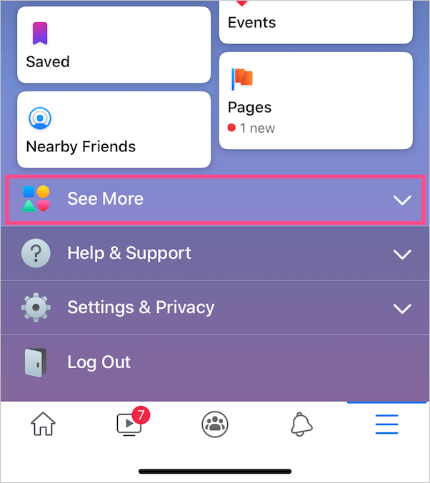 menu tab in facebook app