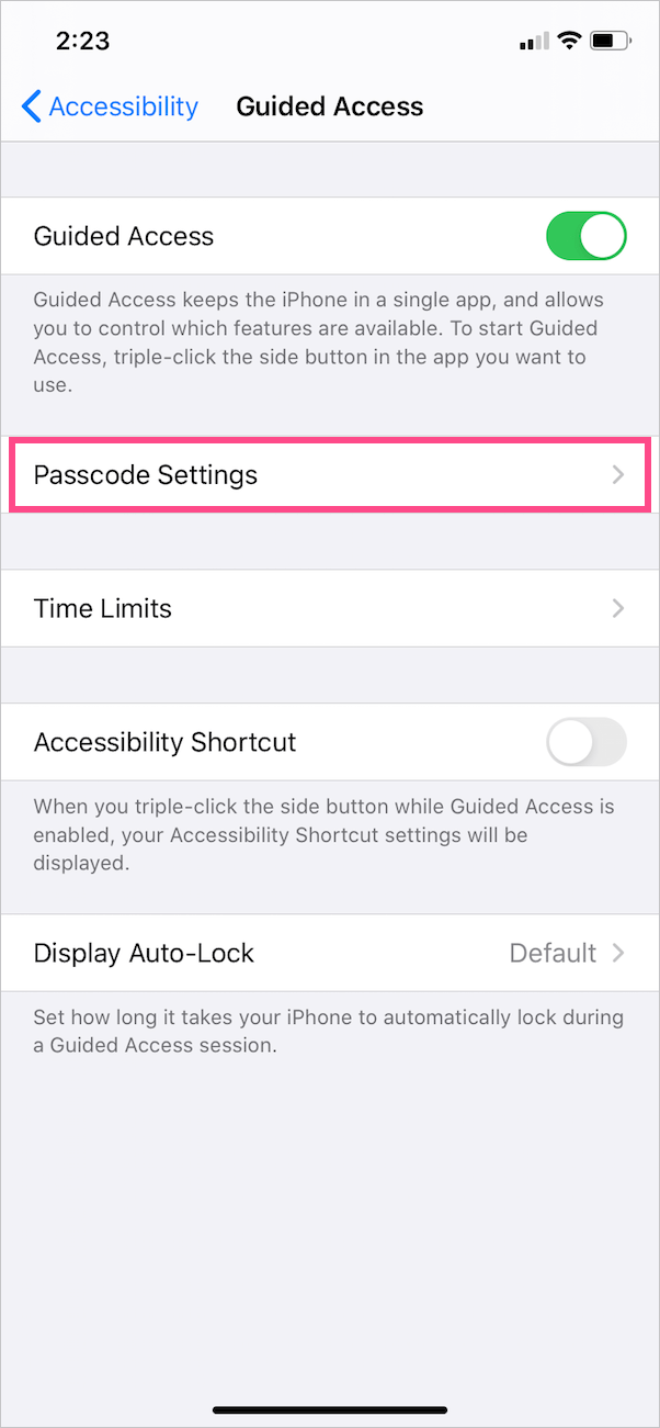 change guided access settings