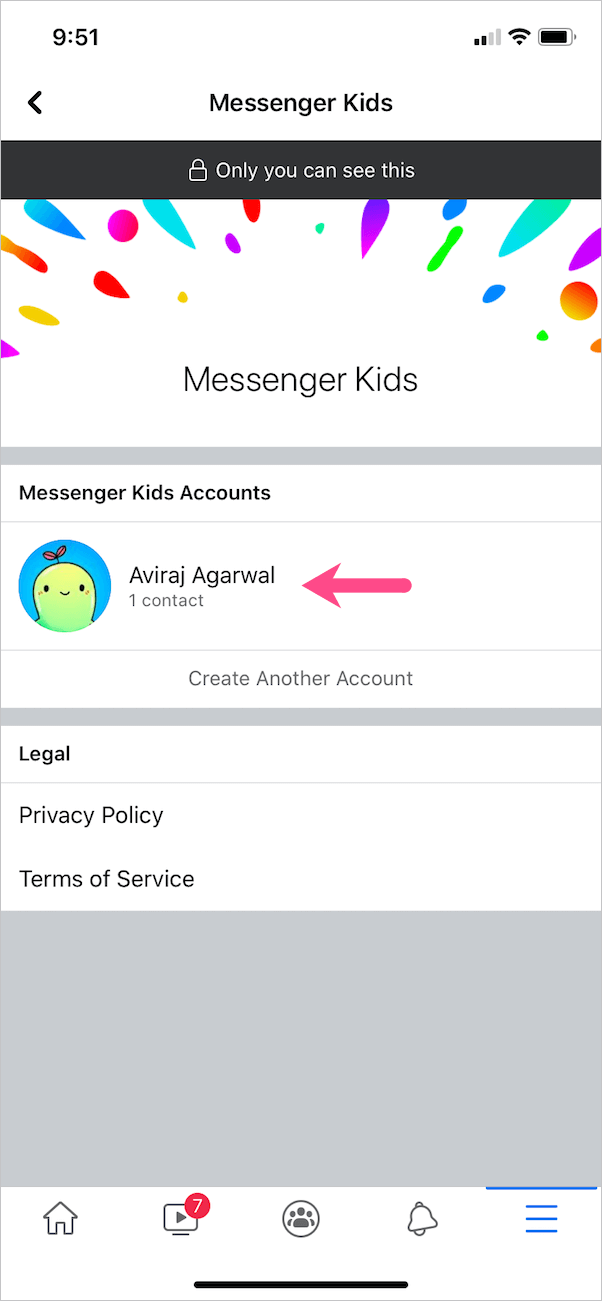 select kids account in messenger