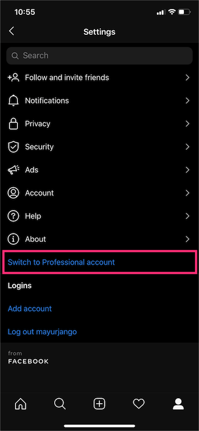 switch to professional account on instagram app