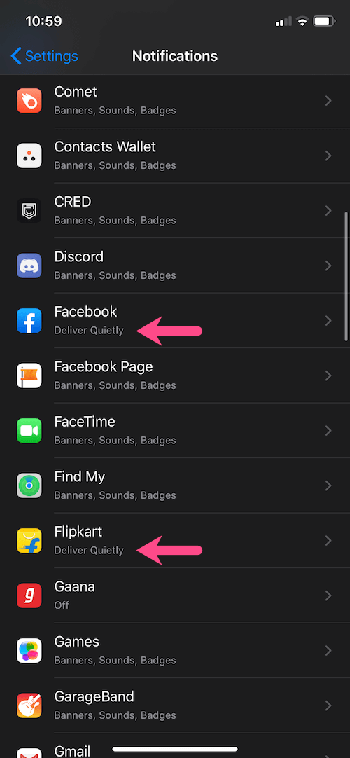 app notifications set to deliver quietly on iphone