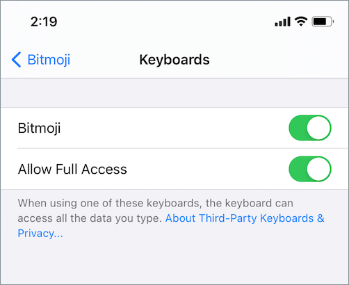bitmoji keyboard premissions on iphone