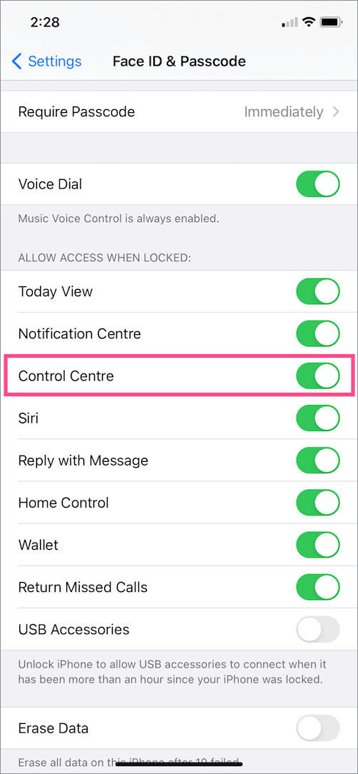 allow control center access from lock screen