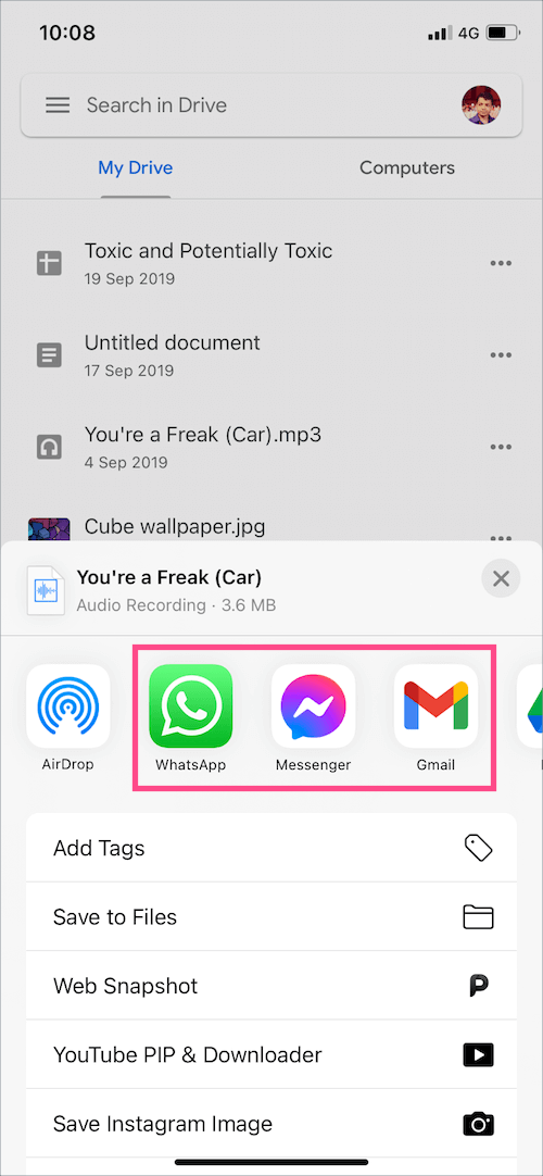 send a google drive file directly to another app