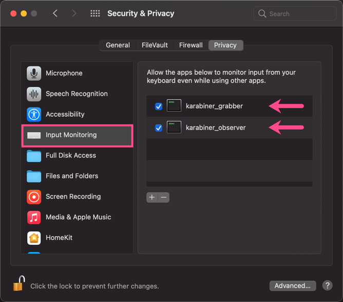 grant permissions to karabiner elements on MacBook Air 2020