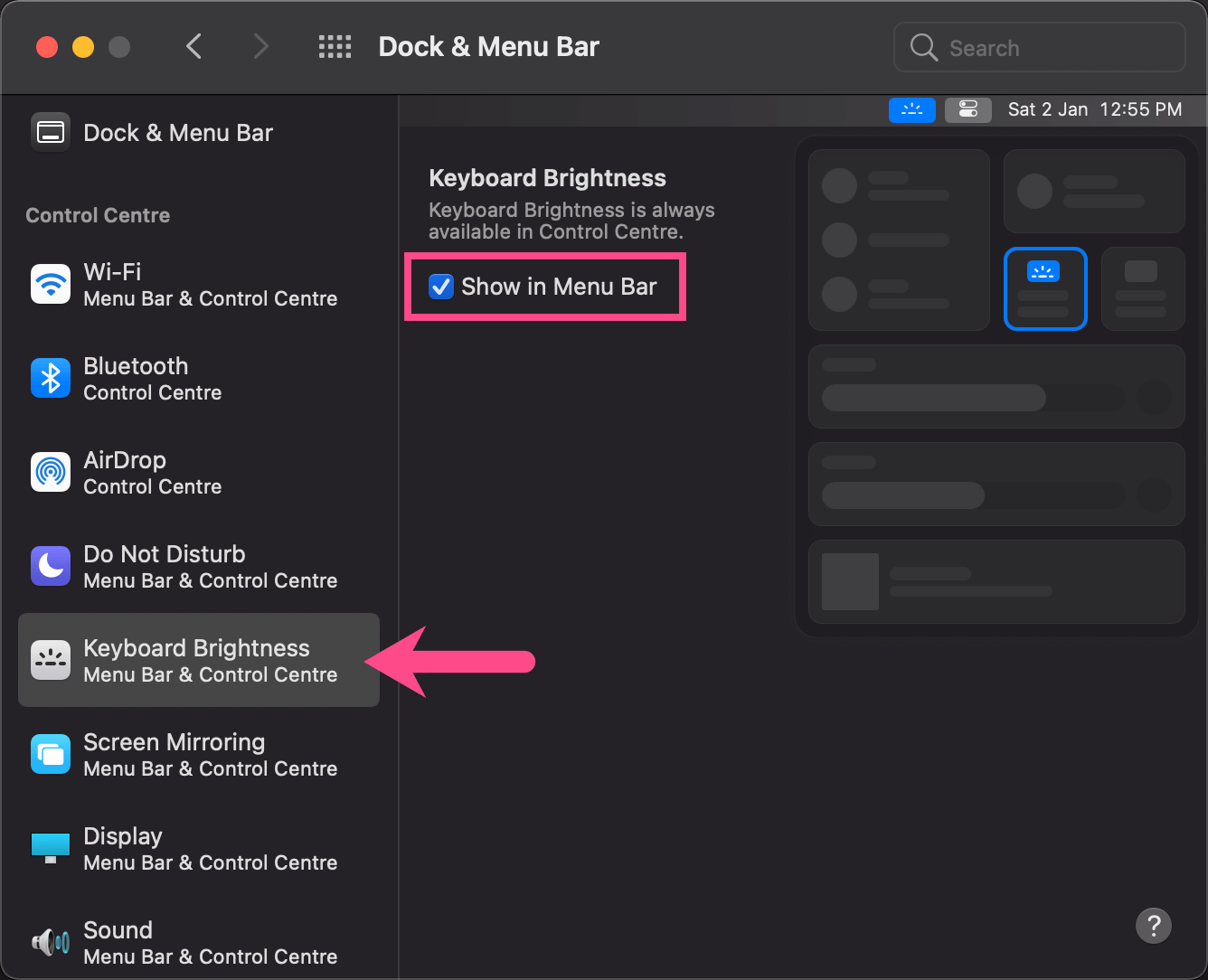 dock and menu bar settings on Mac