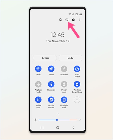turn off or restart Samsung Galaxy A72 from Quick panel in OneUI 3