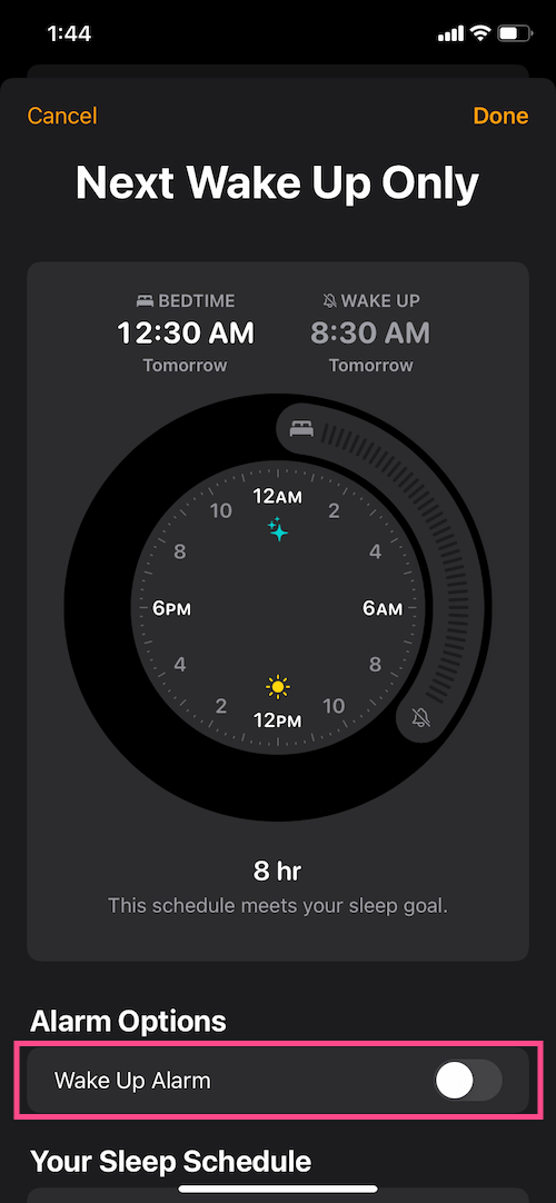 disable bedtime alarm for next wake up day iOS 14