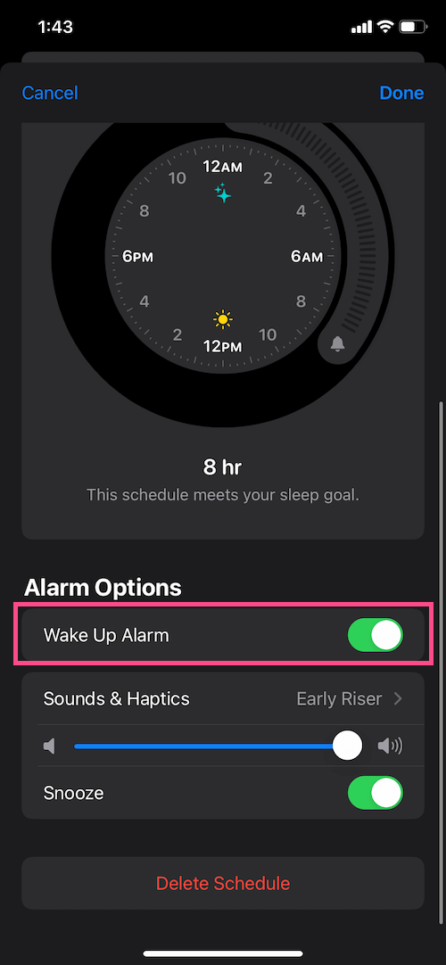 turn off sleep wake up alarm on iPhone
