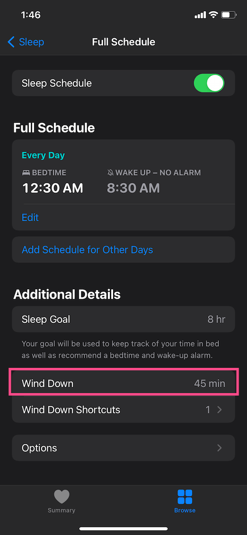 change wind down time on iPhone
