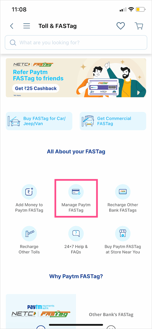 Manage Fastag account in paytm