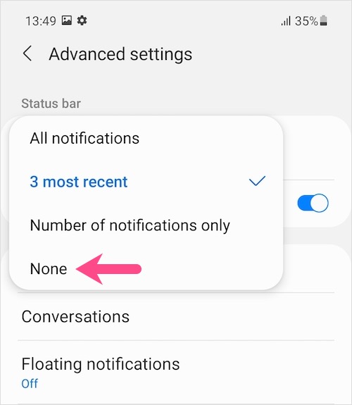 hide status bar icons on Samsung Galaxy one ui