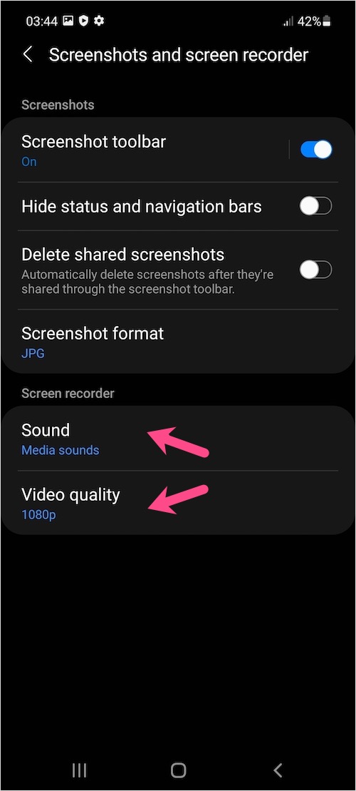 customize screen recorder settings on galaxy a52 and a72