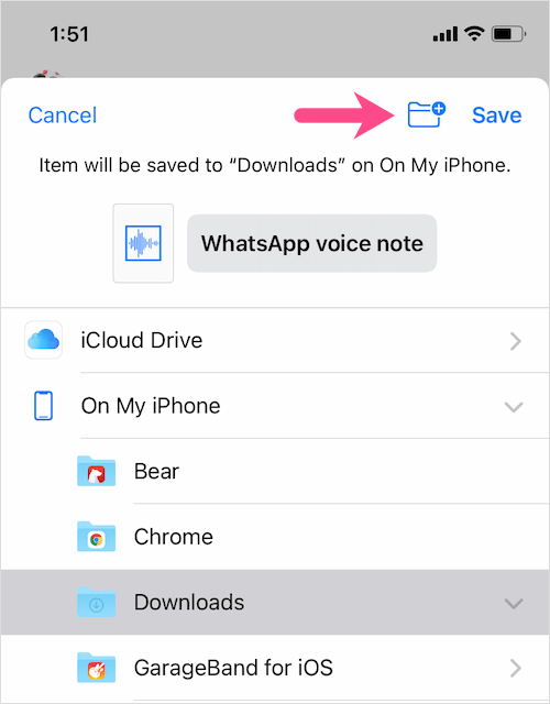 save Whatsapp audio file on iPhone