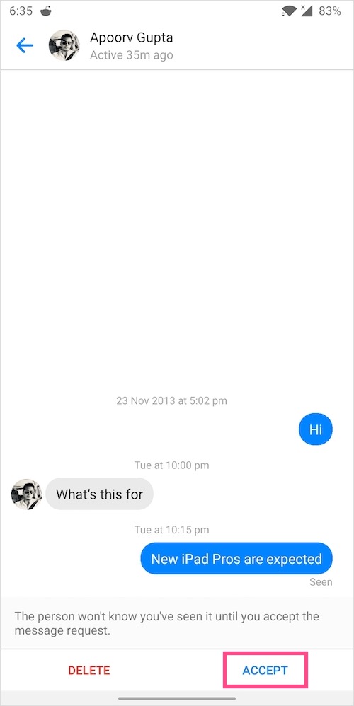 unignore messages in messenger without replying