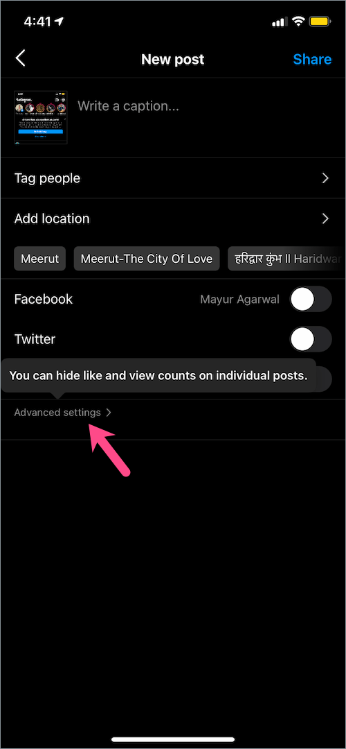 advanced settings in instagram post
