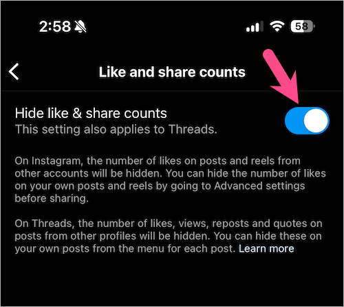 turn off like count on Instagram