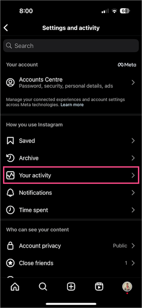 view your activity in instagram