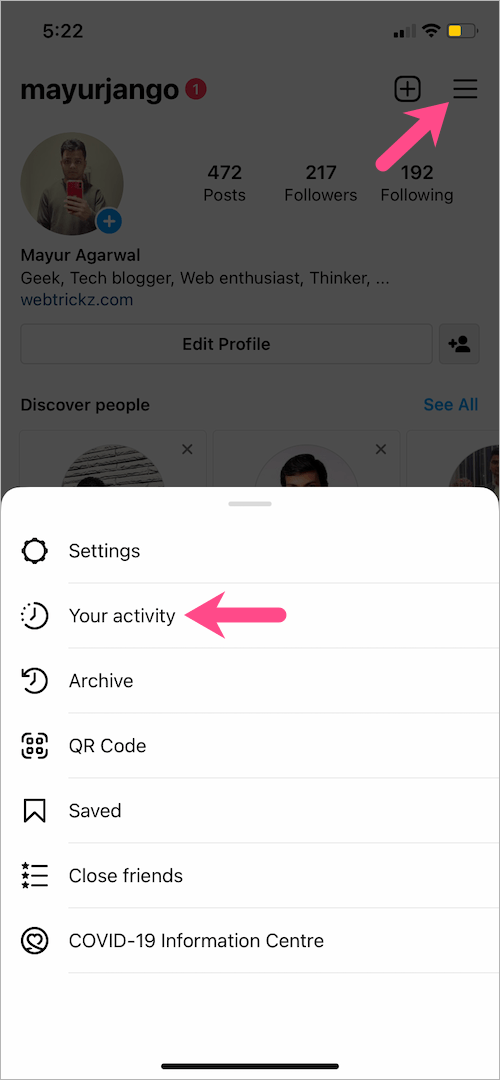see your activity in instagram